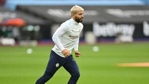 Manchester City's Sergio Aguero during the warm up before the match.(Pool via REUTERS) Manchester City's Sergio Aguero during the warm up before the match.(Pool via REUTERS)
