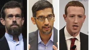 Twitter’s Jack Dorsey, Google’s Sundar Pichai and Facebook Inc.’s Mark Zuckerberg.(AP File Photo) Twitter’s Jack Dorsey, Google’s Sundar Pichai and Facebook Inc.’s Mark Zuckerberg.(AP File Photo)