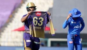 IPL 2020: Nitish Rana waves a special jersey with name of his late father-in-law.(IPL/Twitter) IPL 2020: Nitish Rana waves a special jersey with name of his late father-in-law.(IPL/Twitter)