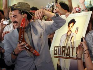 FILE PHOTO: British actor Sacha Baron Cohen, in character as a Kazakh TV reporter known as 'Borat', holds a boomerang as he mingles with fans in Sydney November 13, 2006 during the Australian premiere of his film "Borat: Cultural Learnings of America for Make Benefit Glorious Nation of Kazakhstan".(REUTERS) FILE PHOTO: British actor Sacha Baron Cohen, in character as a Kazakh TV reporter known as 'Borat', holds a boomerang as he mingles with fans in Sydney November 13, 2006 during the Australian premiere of his film "Borat: Cultural Learnings of America for Make Benefit Glorious Nation of Kazakhstan".(REUTERS)