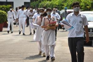 Students of Class 10 exit after appearing for a CBSE board Compartment Exam at Ramjas School, Pusa Road in New Delhi September 23, 2020. (Photo by Sanchit Khanna/ Hindustan Times) Students of Class 10 exit after appearing for a CBSE board Compartment Exam at Ramjas School, Pusa Road in New Delhi September 23, 2020. (Photo by Sanchit Khanna/ Hindustan Times)