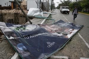 A billboard lays on the ground, toppled by Hurricane Zeta in Playa del Carmen, Mexico. Zeta is leaving Mexico’s Yucatan Peninsula on a path that could hit New Orleans Wednesday night. (AP Photo/Tomas Stargardter)