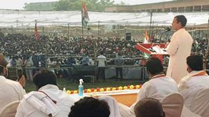 West Champaran: Congress leader Rahul Gandhi addresses a gathering during an election rally, in West Champaran, Wednesday, Oct. 28, 2020.(PTI)