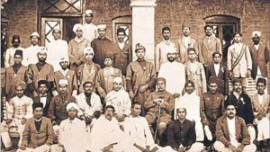 A 1920 photo of the group of students and teachers, including Zakir Husain (third row; second from left) who started Jamia Millia Islamia with Lala Lajpat Rai (second row, holding a cane).(Courtesy: Jamia Premchand Archives & Literary Center)
