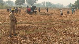 Members of the woman’s family at their field under police protection, in Hathras village.(HT photo) Members of the woman’s family at their field under police protection, in Hathras village.(HT photo)
