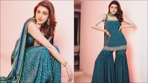 Bride-to-be Kajal Aggarwal’s teal kurta-gharara set is fashion inspiration(Instagram/kajalaggarwalofficial) Bride-to-be Kajal Aggarwal’s teal kurta-gharara set is fashion inspiration(Instagram/kajalaggarwalofficial)