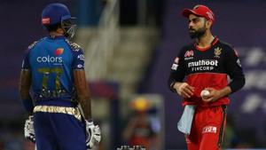 IPL 2020: Suryakumar Yadav and Virat Kohli entered a staring contest.(IPL) IPL 2020: Suryakumar Yadav and Virat Kohli entered a staring contest.(IPL)