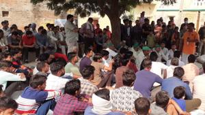 A panchayat of Hindutva organisations in Raghunathpur village of Hapur district.(Sourced) A panchayat of Hindutva organisations in Raghunathpur village of Hapur district.(Sourced)