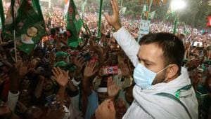 RJD leader Tejashwi Yadav addresses the gathering during an election rally in Hajipur, Bihar on Wednesday.(Santosh Kumar/HT Photo) RJD leader Tejashwi Yadav addresses the gathering during an election rally in Hajipur, Bihar on Wednesday.(Santosh Kumar/HT Photo)