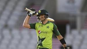 Pakistan's Haider Ali celebrates scoring fifty runs during the third Twenty20 cricket match between England and Pakistan, at Old Trafford in Manchester.(AP) Pakistan's Haider Ali celebrates scoring fifty runs during the third Twenty20 cricket match between England and Pakistan, at Old Trafford in Manchester.(AP)