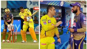 MS Dhoni gives tips to Varun Chakravarthy.(PTI/KKR) MS Dhoni gives tips to Varun Chakravarthy.(PTI/KKR)