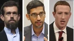 Jack Dorsey (left) Sundar Pichai (centre) and Mark Zuckerberg (right) said that their firms will be on guard against foreign meddling in US polls.(AP Photo) Jack Dorsey (left) Sundar Pichai (centre) and Mark Zuckerberg (right) said that their firms will be on guard against foreign meddling in US polls.(AP Photo)