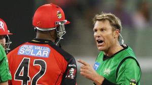 Shane Warne (R) of the Melbourne Stars has a heated exchange with Marlon Samuels of the Melbourne Renegades during the Big Bash League match between the Melbourne Stars and the Melbourne Renegades at Melbourne Cricket Ground on January 6, 2013 in Melbourne, Australia.(Getty Images) Shane Warne (R) of the Melbourne Stars has a heated exchange with Marlon Samuels of the Melbourne Renegades during the Big Bash League match between the Melbourne Stars and the Melbourne Renegades at Melbourne Cricket Ground on January 6, 2013 in Melbourne, Australia.(Getty Images)