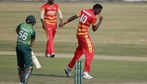 Zimbabwe's bowler Blessing Muzarabani, right, celebrates the dismissal of Pakistani batsman Babar Azam, left, during their 1st one-day international cricket match at the Pindi Cricket Stadium, in Rawalpindi, Pakistan.(AP) Zimbabwe's bowler Blessing Muzarabani, right, celebrates the dismissal of Pakistani batsman Babar Azam, left, during their 1st one-day international cricket match at the Pindi Cricket Stadium, in Rawalpindi, Pakistan.(AP)