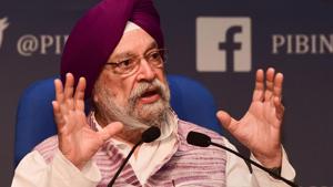 Civil aviation minister Hardeep Singh Puri addressing a press conference at National Media Centre in New Delhi on Thursday.(PTI Photo) Civil aviation minister Hardeep Singh Puri addressing a press conference at National Media Centre in New Delhi on Thursday.(PTI Photo)