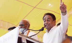 Former Chief Minister and Madhya Pradesh Congress President Kamal Nath addresses an election campaign meeting in Badnawar constituency ahead of assembly bypolls, Tuesday, Oct 20, 2020.(PTI) Former Chief Minister and Madhya Pradesh Congress President Kamal Nath addresses an election campaign meeting in Badnawar constituency ahead of assembly bypolls, Tuesday, Oct 20, 2020.(PTI)