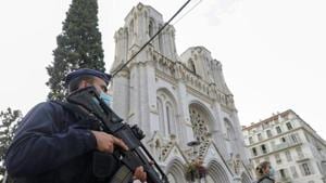 A police officer stands near Notre Dame church, where a knife attack took place, Nice, France, October 29, 2020(REUTERS) A police officer stands near Notre Dame church, where a knife attack took place, Nice, France, October 29, 2020(REUTERS)