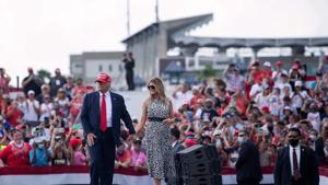 US President Donald Trump and US first lady Melania Trump leave after speaking during a Make America Great Again rally in Raymond James Stadium's parking lot October 29 in Tampa, Florida.(AFP) US President Donald Trump and US first lady Melania Trump leave after speaking during a Make America Great Again rally in Raymond James Stadium's parking lot October 29 in Tampa, Florida.(AFP)