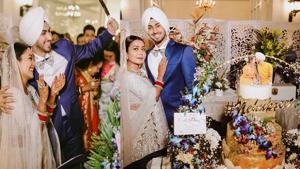 Neha Kakkar and Rohanpreet Singh at their wedding reception. Neha Kakkar and Rohanpreet Singh at their wedding reception.