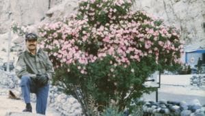Ace helicopter pilot, Manmohan Bahadur, stands along a rose bush at Siachen base camp, 1995 summer.(Sourced) Ace helicopter pilot, Manmohan Bahadur, stands along a rose bush at Siachen base camp, 1995 summer.(Sourced)