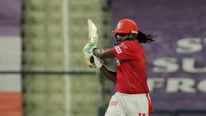 Chris Gayle of Kings XI Punjab plays a shot during the Indian Premier League (IPL) cricket match against Rajasthan Royals at the Sheikh Zayed Stadium, in Abu Dhabi, UAE.(PTI) Chris Gayle of Kings XI Punjab plays a shot during the Indian Premier League (IPL) cricket match against Rajasthan Royals at the Sheikh Zayed Stadium, in Abu Dhabi, UAE.(PTI)