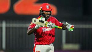 Chris Gayle of Kings XI Punjab after scoring fifty runs during Indian Premier League (IPL) cricket match against Kolkata Knight Riders, in Sharjah.(PTI) Chris Gayle of Kings XI Punjab after scoring fifty runs during Indian Premier League (IPL) cricket match against Kolkata Knight Riders, in Sharjah.(PTI)
