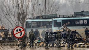 Security personnel at the site of suicide bomb attack at Lathepora Awantipora in Pulwama district of south Kashmir on February 14, 2019.(PTI file) Security personnel at the site of suicide bomb attack at Lathepora Awantipora in Pulwama district of south Kashmir on February 14, 2019.(PTI file)