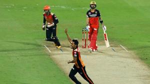 Sunrisers Hyderabad player Sandeep Sharma celebrates the wicket of Royal Challengers Bangalore captain Virat Kohli during the Indian Premier League (IPL) cricket match, at Sharjah Cricket Stadium, in Sharjah.(PTI) Sunrisers Hyderabad player Sandeep Sharma celebrates the wicket of Royal Challengers Bangalore captain Virat Kohli during the Indian Premier League (IPL) cricket match, at Sharjah Cricket Stadium, in Sharjah.(PTI)