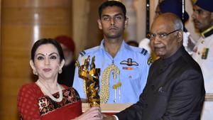 File photo of President Ram Nath Kovind presenting the prestigious Rashtriya Khel Protsahan Puruskar award to Nita Ambani, founder and chairperson of Football Sports Development Limited (FSDL) Reliance Foundation.(Arun Sharma/HT PHOTO) File photo of President Ram Nath Kovind presenting the prestigious Rashtriya Khel Protsahan Puruskar award to Nita Ambani, founder and chairperson of Football Sports Development Limited (FSDL) Reliance Foundation.(Arun Sharma/HT PHOTO)