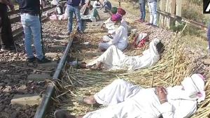 Agitating Gujjars block railway tracks in Rajasthan’s Bharatpur.(ANI Photo) Agitating Gujjars block railway tracks in Rajasthan’s Bharatpur.(ANI Photo)