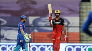 Devdutt Padikkal of RCB celebrates his half-century during match 55 of IPL 2020 at the Sheikh Zayed Stadium, in Abu Dhabi.(ANI) Devdutt Padikkal of RCB celebrates his half-century during match 55 of IPL 2020 at the Sheikh Zayed Stadium, in Abu Dhabi.(ANI)
