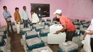 Election officers check Electronic Voting Machines (EVM) and Voter Verified Paper Audit Trail (VVPATs) ahead of the second phase of Bihar Assembly election at Bankipur Girl’s High School, in Patna (Photo by Santosh Kumar/ Hindustan Times) Election officers check Electronic Voting Machines (EVM) and Voter Verified Paper Audit Trail (VVPATs) ahead of the second phase of Bihar Assembly election at Bankipur Girl’s High School, in Patna (Photo by Santosh Kumar/ Hindustan Times)