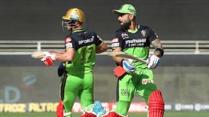Dubai: AB de Villiers of Royal Challengers Bangalore and Virat Kohli captain of Royal Challengers Bangalore during the Indian Premier League (IPL) match(PTI) Dubai: AB de Villiers of Royal Challengers Bangalore and Virat Kohli captain of Royal Challengers Bangalore during the Indian Premier League (IPL) match(PTI)