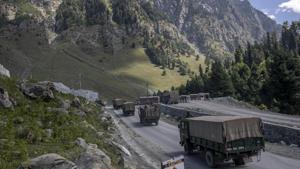 An Indian army convoy moves on the Srinagar- Ladakh highway.(AP Photo) An Indian army convoy moves on the Srinagar- Ladakh highway.(AP Photo)