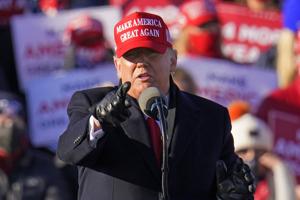 President Donald Trump gestures while addressing a campaign rally at the Wilkes-Barre Scranton International Airport in Avoca, Pa, Monday, Nov. 2, 2020.(AP photo) President Donald Trump gestures while addressing a campaign rally at the Wilkes-Barre Scranton International Airport in Avoca, Pa, Monday, Nov. 2, 2020.(AP photo)