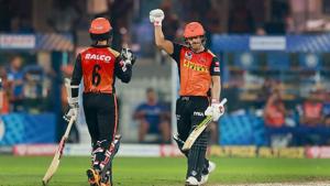 Wriddhiman Saha and David Warner of Sunrisers Hyderabad celebrate their win in the Indian Premier League (IPL ) cricket match against Mumbai Indians in Sharjah, United Arab Emirates.(PTI) Wriddhiman Saha and David Warner of Sunrisers Hyderabad celebrate their win in the Indian Premier League (IPL ) cricket match against Mumbai Indians in Sharjah, United Arab Emirates.(PTI)
