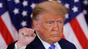 U.S. President Donald Trump raises his fist as he reacts to early results from the 2020 U.S. presidential election in the East Room of the White House on November 4.(REUTERS) U.S. President Donald Trump raises his fist as he reacts to early results from the 2020 U.S. presidential election in the East Room of the White House on November 4.(REUTERS)