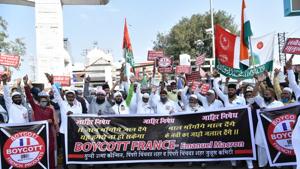 MUslimsin various parts of India have protested against French President Emanuel Macron for his remarks on Islam .(HT PHOTO) MUslimsin various parts of India have protested against French President Emanuel Macron for his remarks on Islam .(HT PHOTO)