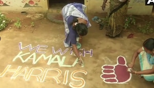 Villagers in the Indian ancestral home of Kamala Harris painted slogans on roads wishing her victory on Thursday(ANI Twitter) Villagers in the Indian ancestral home of Kamala Harris painted slogans on roads wishing her victory on Thursday(ANI Twitter)