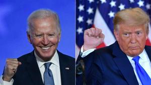 Democratic presidential nominee Joe Biden (L) in Wilmington, Delaware, and US President Donald Trump (R) in Washington, DC both pumping their fist during an election night speech early November 4, 2020.(AFP Photo) Democratic presidential nominee Joe Biden (L) in Wilmington, Delaware, and US President Donald Trump (R) in Washington, DC both pumping their fist during an election night speech early November 4, 2020.(AFP Photo)