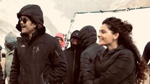 Nagarjuna with Saiyami Kher during the shoot of Wild Dog in the Himalayas. Nagarjuna with Saiyami Kher during the shoot of Wild Dog in the Himalayas.