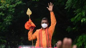 Clad fully in saffron and holding the spear, the party state president Murugan said that they will expose those who are against Hindu deities. (Photo @BJP4TamilNadu) Clad fully in saffron and holding the spear, the party state president Murugan said that they will expose those who are against Hindu deities. (Photo @BJP4TamilNadu)