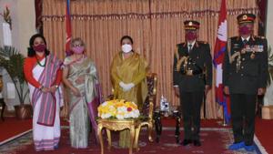 (From R to L) Nepal’s Chief of Army Staff Purna Chandra Thapa, India’s Army Chief General MM Naravane, President Bidya Devi Bhandari, Meena Naravane and Deepa Thapa at a special ceremony in Kathmandu on Thursday.(SOURCED) (From R to L) Nepal’s Chief of Army Staff Purna Chandra Thapa, India’s Army Chief General MM Naravane, President Bidya Devi Bhandari, Meena Naravane and Deepa Thapa at a special ceremony in Kathmandu on Thursday.(SOURCED)