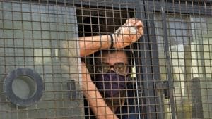 Arnab Goswami inside a police van outside a court after he was arrested, at Alibaug town in Maharashtra on November 4, 2020.(Reuters Photo) Arnab Goswami inside a police van outside a court after he was arrested, at Alibaug town in Maharashtra on November 4, 2020.(Reuters Photo)