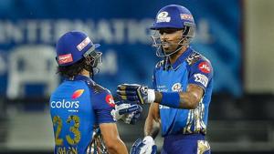 Dubai: Ishan Kishan and Hardik Pandya of Mumbai Indians during the Qualifier 1 cricket match against Delhi Capitals at Indian Premier League (IPL) in Dubai, United Arab Emirates, Thursday, Nov. 5, 2020.(PTI) Dubai: Ishan Kishan and Hardik Pandya of Mumbai Indians during the Qualifier 1 cricket match against Delhi Capitals at Indian Premier League (IPL) in Dubai, United Arab Emirates, Thursday, Nov. 5, 2020.(PTI)