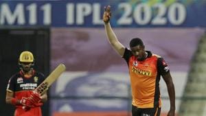 Abu Dhabi: Jason Holder of Sunrisers Hyderabad celebrates the wicket of Devdutt Padikkal of Royal Challengers Bangalore during the eliminator match of the Indian Premier League (IPL), at the Sheikh Zayed Stadium, in Abu Dhabi, Friday, Nov. 6, 2020. (PTI Photo/Sportzpics) (PTI06-11-2020_000234A) (PTI) Abu Dhabi: Jason Holder of Sunrisers Hyderabad celebrates the wicket of Devdutt Padikkal of Royal Challengers Bangalore during the eliminator match of the Indian Premier League (IPL), at the Sheikh Zayed Stadium, in Abu Dhabi, Friday, Nov. 6, 2020. (PTI Photo/Sportzpics) (PTI06-11-2020_000234A) (PTI)