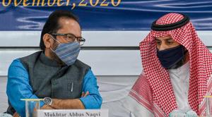 Mumbai: Union minister of minority affairs Mukhtar Abbas Naqvi and Vice Consul General, Royal Consulate General of Saudi Arabia- Mumbai Mohammed A Alenazi during the announcement of 'Haj 2021' and declaring the special norms by Kingdom of Saudi Arabia in Mumbai, Saturday, Nov. 7, 2020 (PTI Photo/Shashank Parade). Mumbai: Union minister of minority affairs Mukhtar Abbas Naqvi and Vice Consul General, Royal Consulate General of Saudi Arabia- Mumbai Mohammed A Alenazi during the announcement of 'Haj 2021' and declaring the special norms by Kingdom of Saudi Arabia in Mumbai, Saturday, Nov. 7, 2020 (PTI Photo/Shashank Parade).
