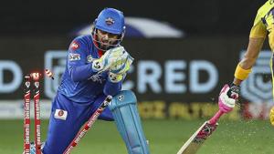 Rishabh Pant of Delhi Capitals attempts to run out Faf du Plessis of Chennai Superkings during IPL 2020 cricket match, at Dubai International Cricket Stadium in Abu Dhabi.(PTI) Rishabh Pant of Delhi Capitals attempts to run out Faf du Plessis of Chennai Superkings during IPL 2020 cricket match, at Dubai International Cricket Stadium in Abu Dhabi.(PTI)