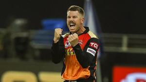 David Warner of Sunrisers Hyderabad (SRH) celebrates the wicket of Shikhar Dhawan of Delhi Capitals (DC) match between the Sunrisers Hyderabad and the Delhi Capitals.(PTI) David Warner of Sunrisers Hyderabad (SRH) celebrates the wicket of Shikhar Dhawan of Delhi Capitals (DC) match between the Sunrisers Hyderabad and the Delhi Capitals.(PTI)