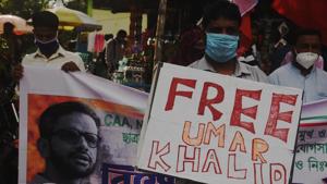 Members of the Welfare Party of India hold banners during a protest against the arrest of Umar Khalid under the UAPA charges in Delhi riots case, at Esplanade, in Kolkata, West Bengal, on Friday, September 18, 2020. (Photo Samir Jana / Hindustan Times) Members of the Welfare Party of India hold banners during a protest against the arrest of Umar Khalid under the UAPA charges in Delhi riots case, at Esplanade, in Kolkata, West Bengal, on Friday, September 18, 2020. (Photo Samir Jana / Hindustan Times)